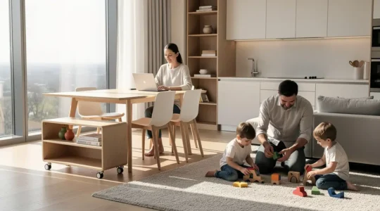 Familia disfrutando juntos en un espacio abierto que combina salón cocina y zona de juegos infantiles