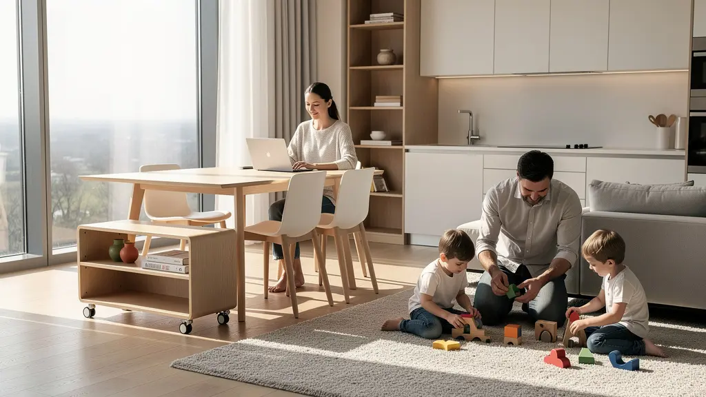 Familia disfrutando juntos en un espacio abierto que combina salón cocina y zona de juegos infantiles