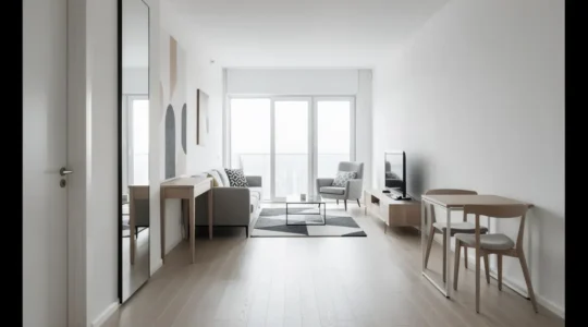 Espacio interior de piso alargado con circulación fluida y muebles estratégicamente colocados