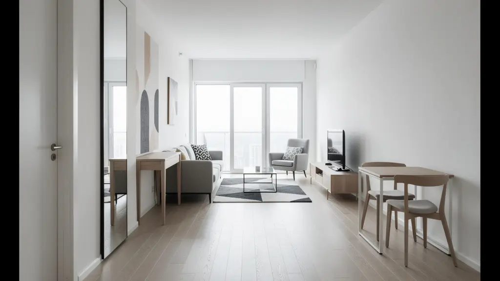Espacio interior de piso alargado con circulación fluida y muebles estratégicamente colocados