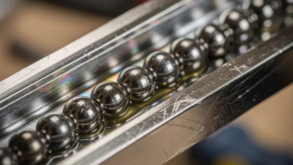 Detalle macro de guías de cajón de 50kg mostrando rodamientos de bolas