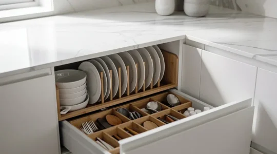 Sistema de cajones extraíbles y herrajes de cocina con organización inteligente