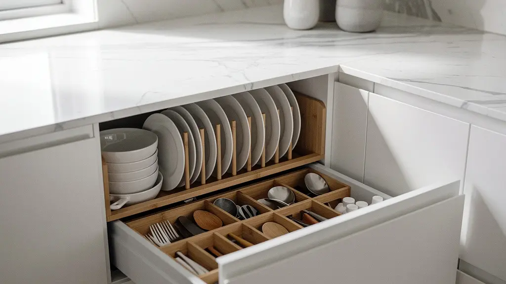 Sistema de cajones extraíbles y herrajes de cocina con organización inteligente