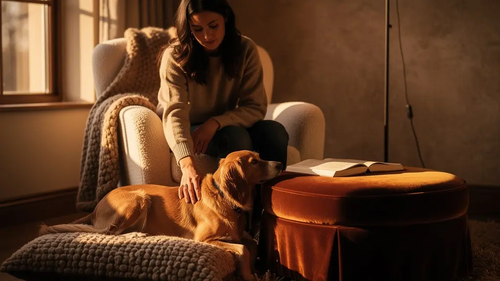 Rincón de lectura con luz dorada destacando texturas de chenilla y bouclé donde descansa un perro