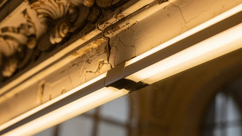 Detalle de un sistema de iluminación LED inteligente integrado en una moldura antigua, simulando una luz natural y cálida.
