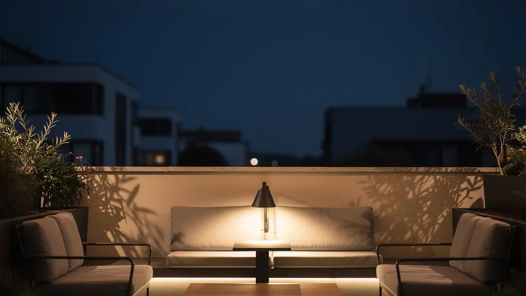 Terraza iluminada de noche con diferentes capas de luz LED