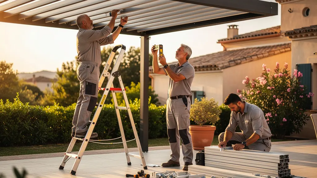 Equipo de instaladores profesionales montando estructura de pérgola bioclimática