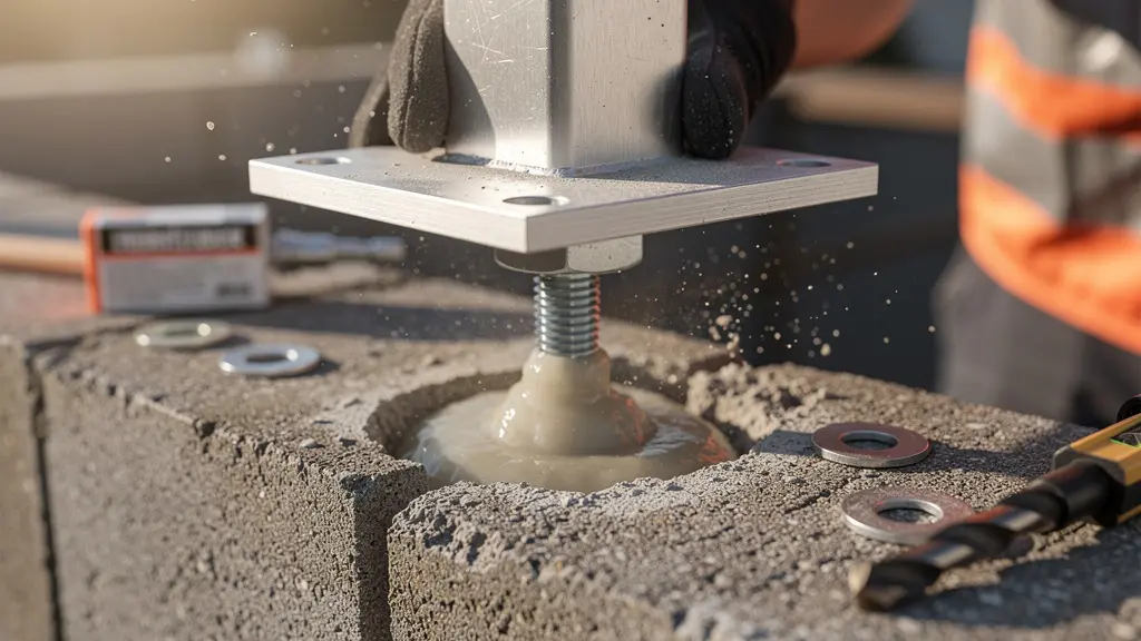 Instalación de postes de aluminio con anclaje químico sobre muro de hormigón existente