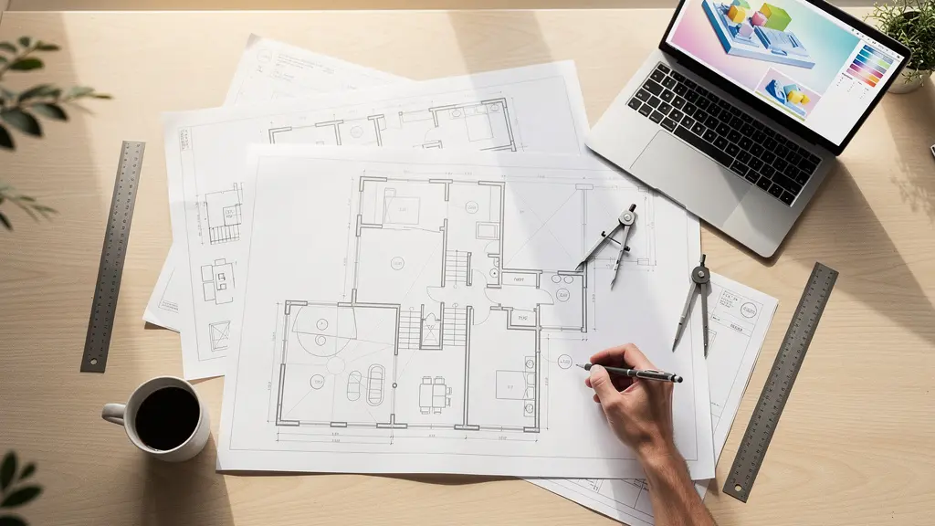 Mesa de trabajo con planos arquitectónicos detallados y herramientas de medición profesionales