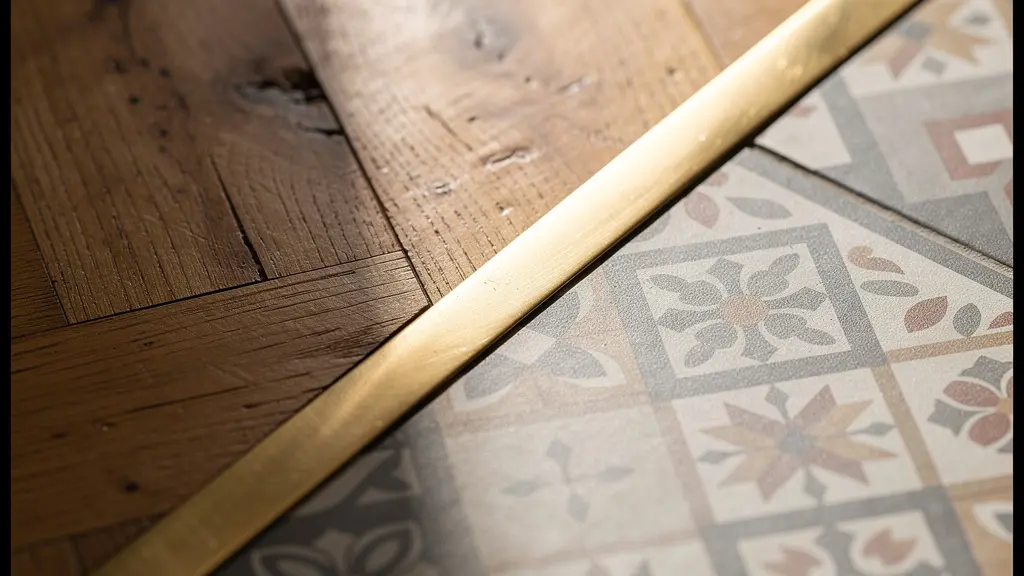 Detalle de junta de transición decorativa en latón entre suelo de madera y baldosa hidráulica