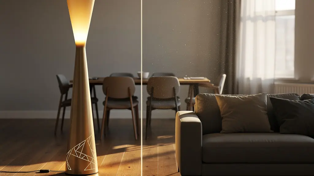 Lámpara de pie creando división visual entre salón y comedor