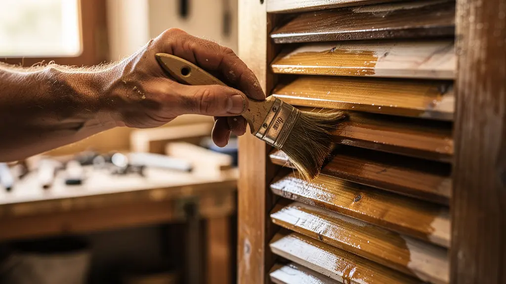 Manos aplicando barniz protector en contraventanas de madera con herramientas profesionales