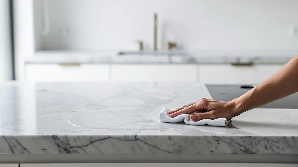 Vista amplia de cocina minimalista con encimera de mármol de Carrara siendo tratada con sellador