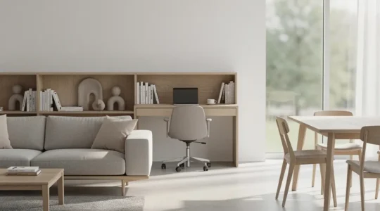 Interior de hogar moderno sin pasillos con espacios multifuncionales y flujo continuo