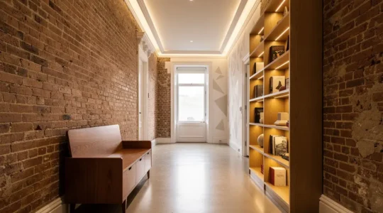 Pasillo oscuro de vivienda antigua iluminado con técnicas modernas