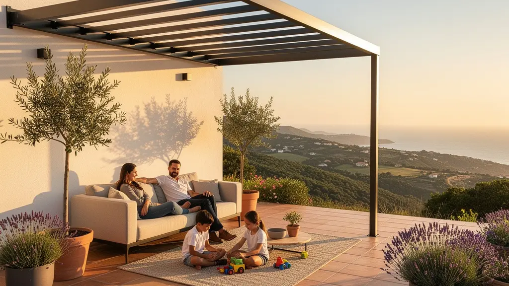 Pérgola bioclimática moderna en terraza mediterránea con familia disfrutando al atardecer