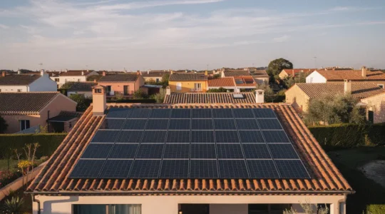 Vista aérea de un tejado con paneles solares instalados en una vivienda unifamiliar bajo un cielo despejado, mostrando la orientación óptima hacia el sur