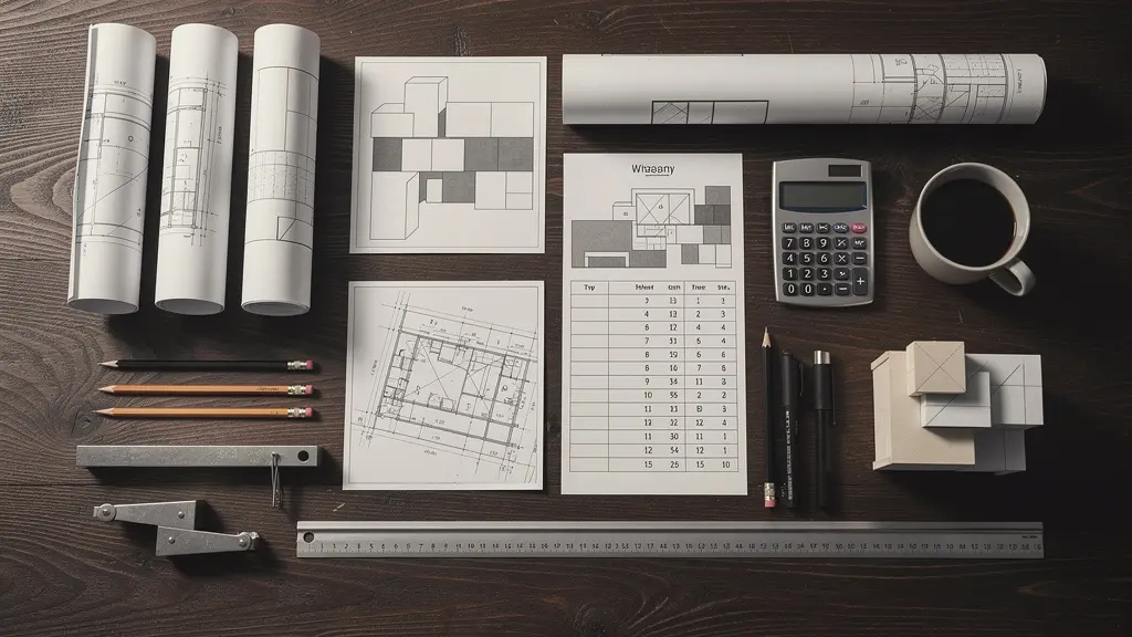 Mesa de trabajo con planos arquitectónicos y documentos de planificación para reforma de loft