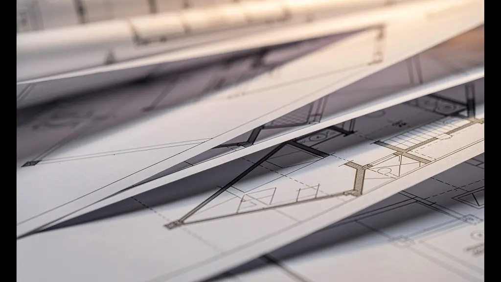 Vista macro de planos técnicos superpuestos mostrando distribución e instalaciones de un loft