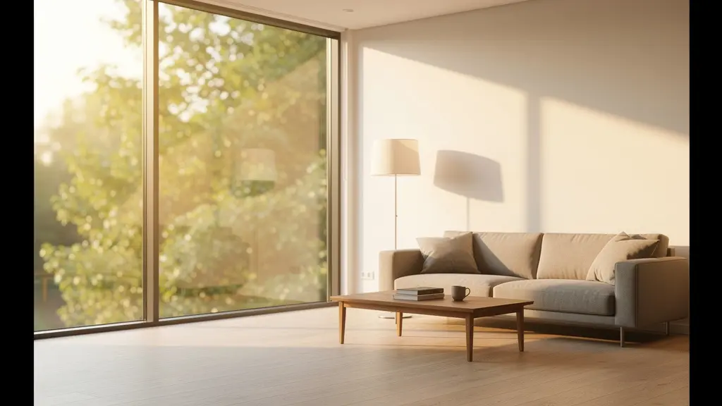 Interior de hogar con ventanas protegidas con soluciones de control solar, luz natural filtrada y ambiente confortable
