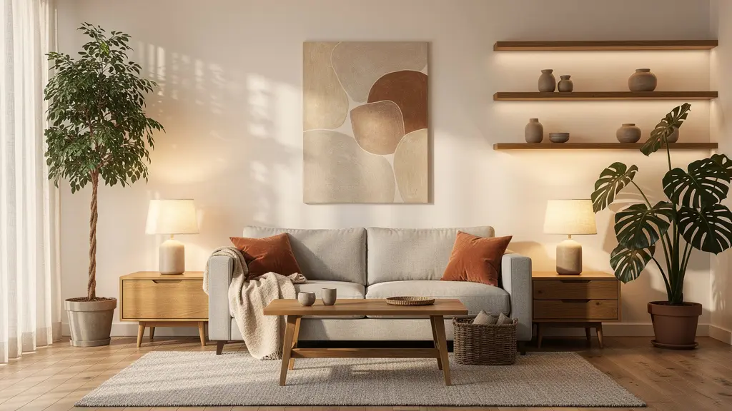 Salón con orientación norte decorado con textiles cálidos, iluminación estratégica y elementos naturales que crean un ambiente acogedor