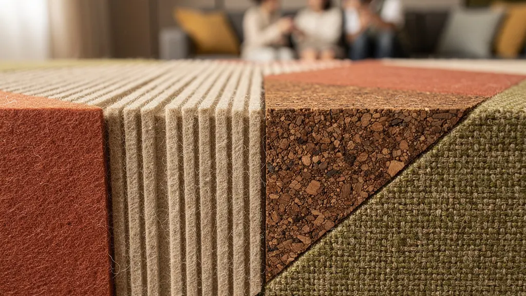 Salón con paneles acústicos decorativos de colores donde juega una familia