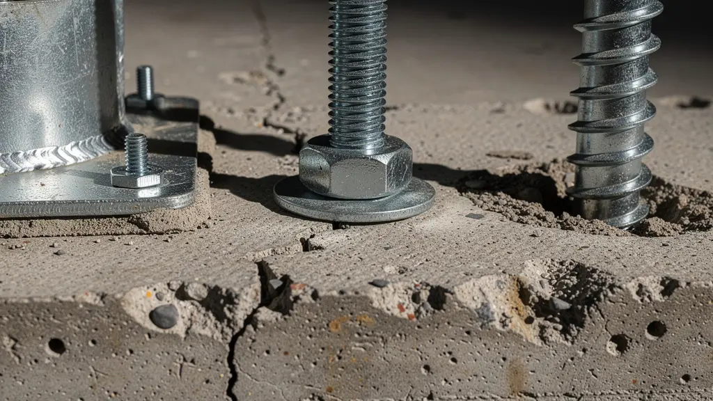 Detalle técnico de sistemas de anclaje para carport: zapatas de hormigón, pletinas de expansión y tornillos helicoidales