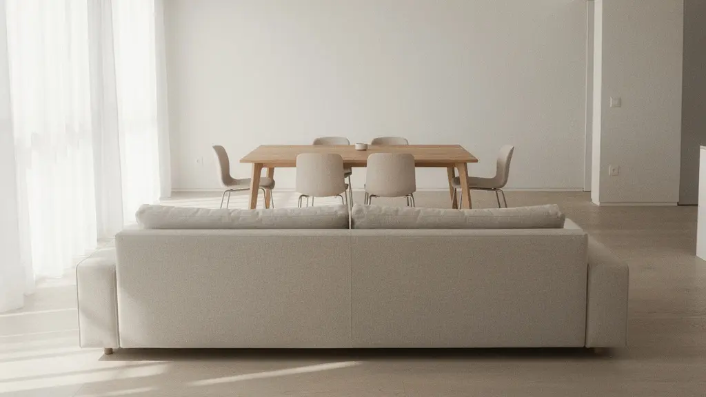 Sofá modular usado como divisor entre salón y comedor en espacio abierto