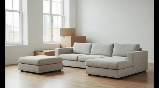 Sofá modular reorganizado en un salón luminoso mostrando su versatilidad para inquilinos