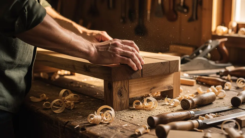 Artesano carpintero en su taller trabajando madera maciza con herramientas tradicionales