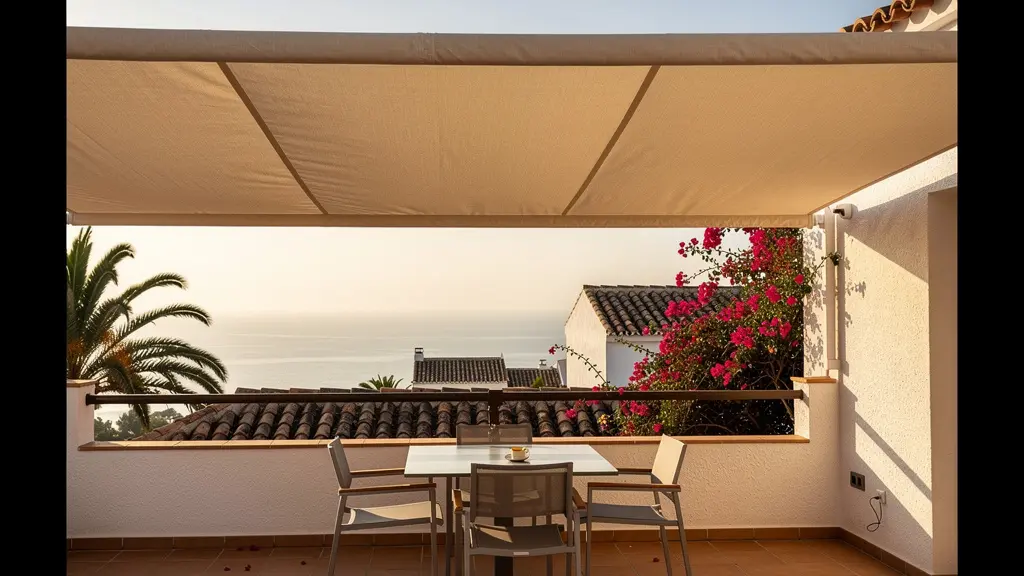 Toldo con lona acrílica de alta calidad en terraza andaluza soleada con vista al mar mediterráneo