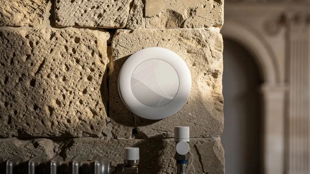 Termostato inteligente instalado en muro de piedra antigua con válvulas termostáticas