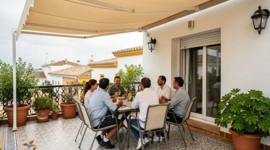 Familia disfrutando almuerzo bajo toldo semicofre en terraza mediterránea