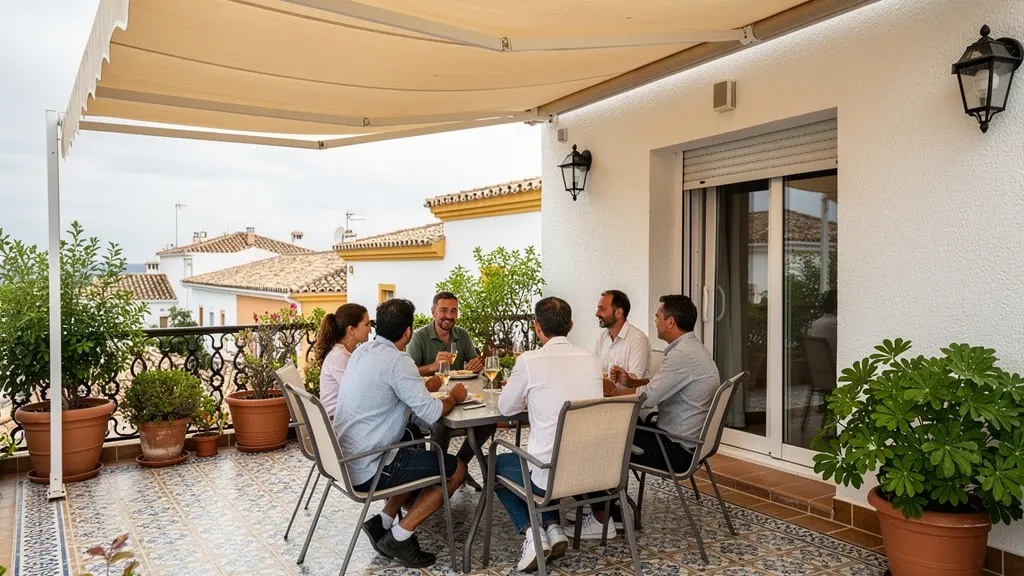Familia disfrutando almuerzo bajo toldo semicofre en terraza mediterránea