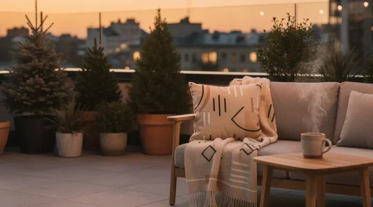 Terraza acogedora decorada para el invierno con mantas y luces cálidas
