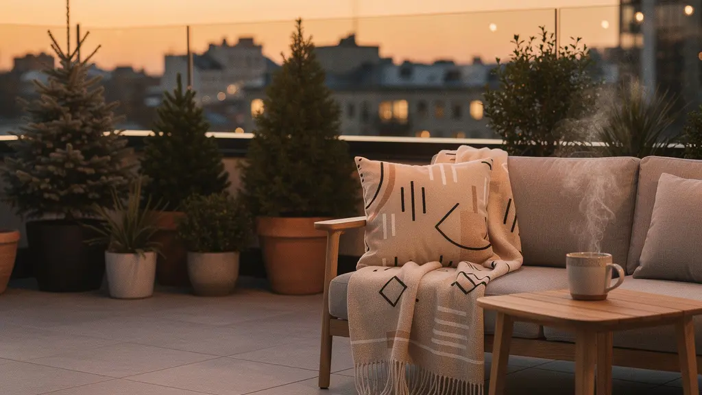 Terraza acogedora decorada para el invierno con mantas y luces cálidas