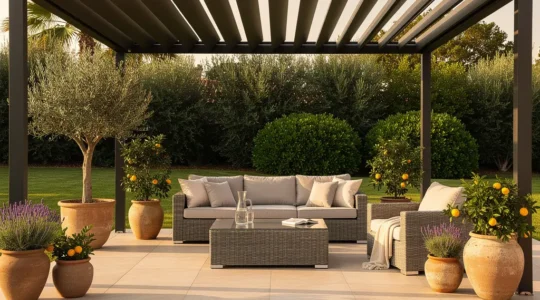 Terraza española moderna con pérgola de aluminio y mobiliario contemporáneo para decoración exterior