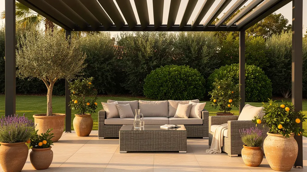 Terraza española moderna con pérgola de aluminio y mobiliario contemporáneo para decoración exterior