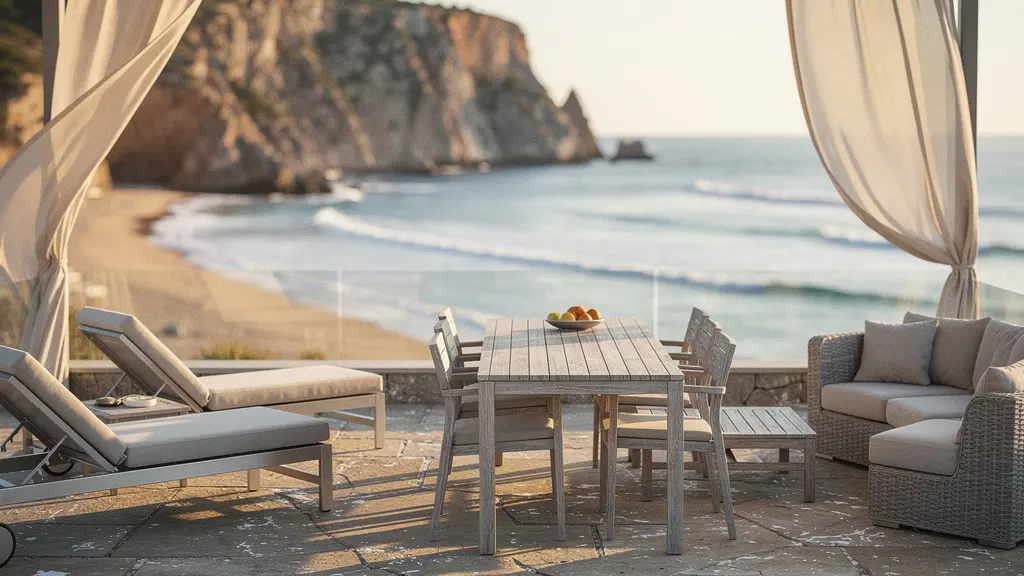 Terraza frente al mar con mobiliario resistente al salitre en primera línea de playa