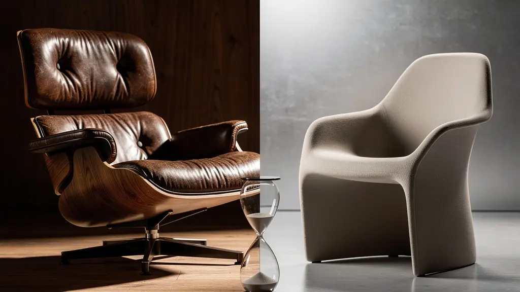 Comparación visual de objetos clásicos versus tendencias pasajeras en diseño de interiores