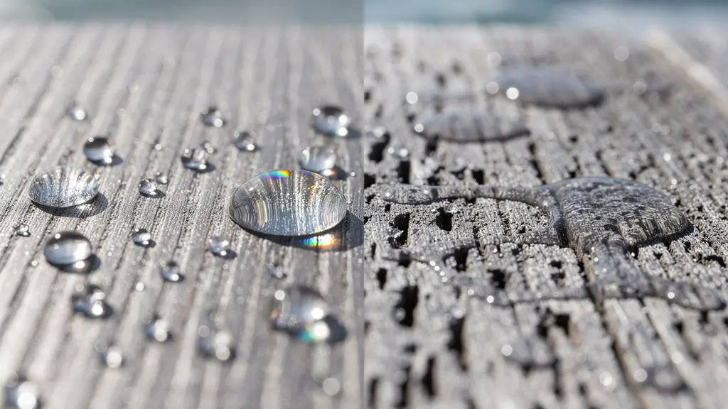 Test de la gota de agua en superficie de teca para verificar necesidad de mantenimiento