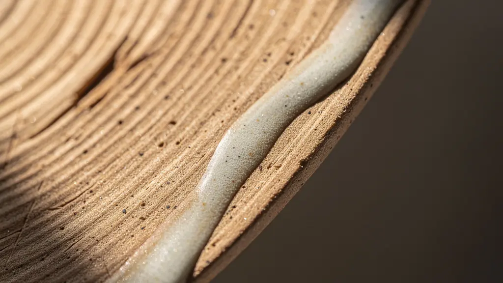 Detalle macro de vetas de madera natural y cerámica artesanal con imperfecciones que transmiten calma visual