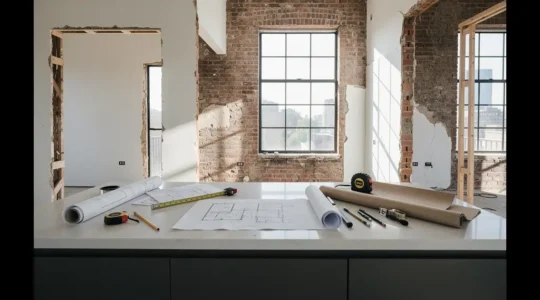 Transformación de vivienda antigua en loft moderno con 30.000 euros, mostrando espacio diáfano con cocina integrada