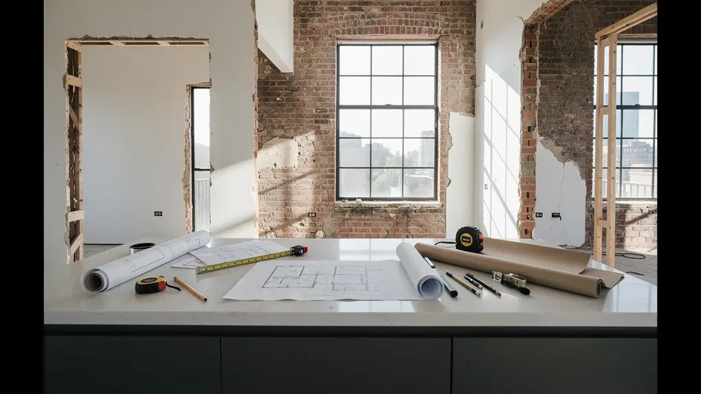 Transformación de vivienda antigua en loft moderno con 30.000 euros, mostrando espacio diáfano con cocina integrada