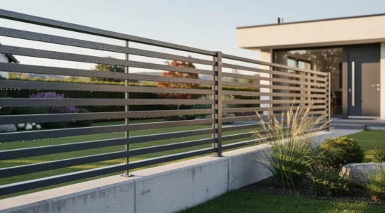 Valla de aluminio moderna con lamas horizontales en jardín residencial con acabado antracita