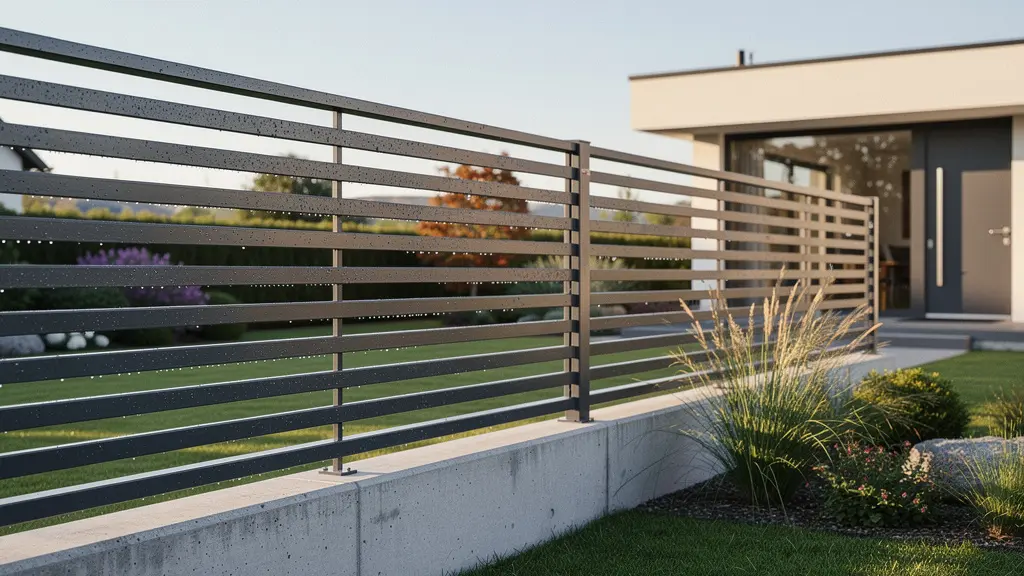 Valla de aluminio moderna con lamas horizontales en jardín residencial con acabado antracita