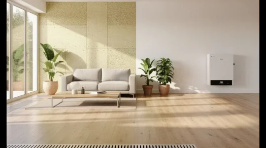 Vista interior de una vivienda moderna con elementos de eficiencia energética visibles y luz natural abundante