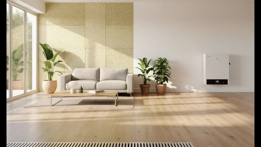 Vista interior de una vivienda moderna con elementos de eficiencia energética visibles y luz natural abundante