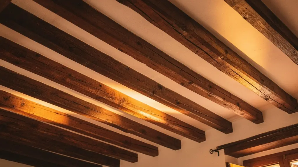 Vigas de madera antiguas restauradas en salón con estilo rústico