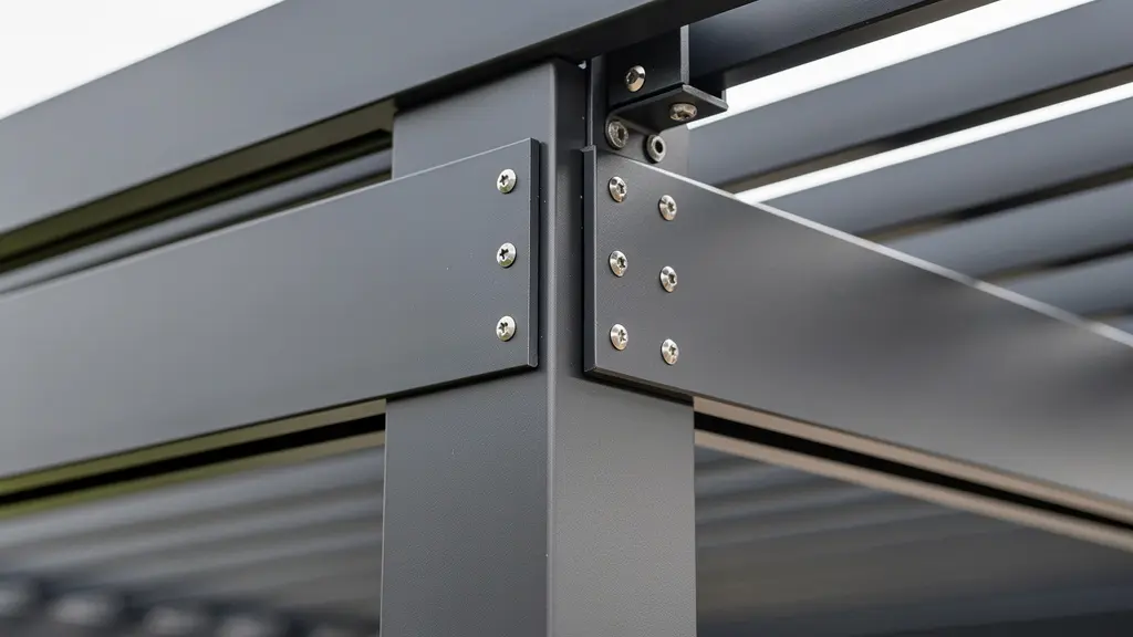 Detalle de lamas orientables de pérgola de aluminio termolacado mostrando calidad de acabados Detalle de lamas orientables de pérgola de aluminio termolacado mostrando calidad de acabados